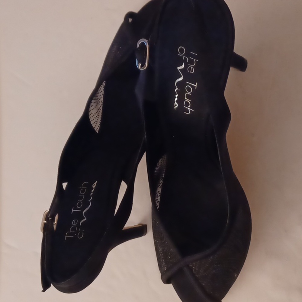 The Touch of Nina black sparkle mesh 9M peek toe stiletto slingback